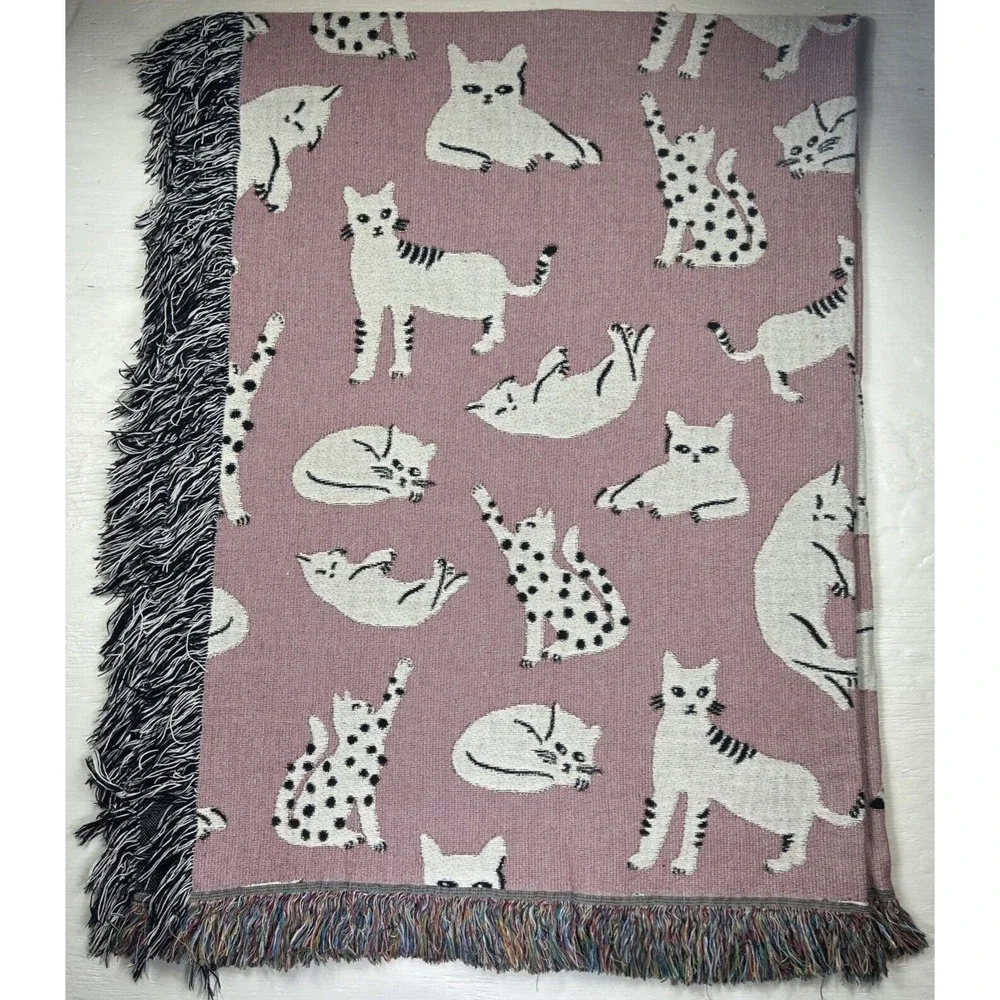 Frankie Print Co Pink Cats Throw Blanket‎ 60x80